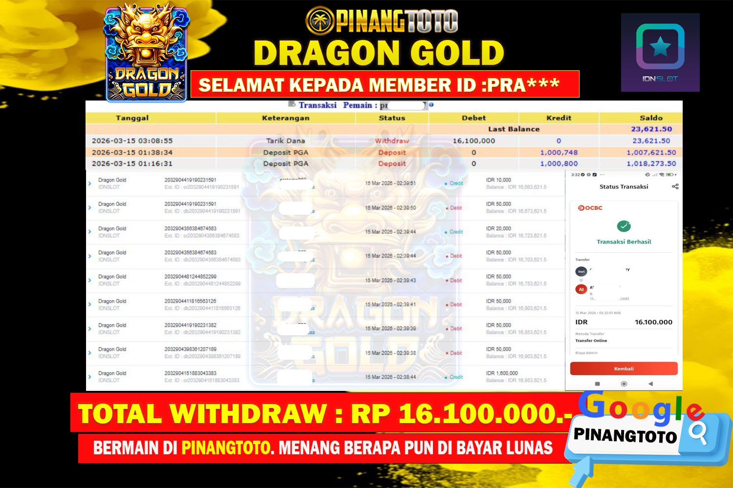 SELAMAT KEPADA PEMENANG MEMBER MERAIH JACKPOT DI GAME SLOT DRAGON GOLD TOTAL RP 16.100.000 DI BAYAR LUNAS
